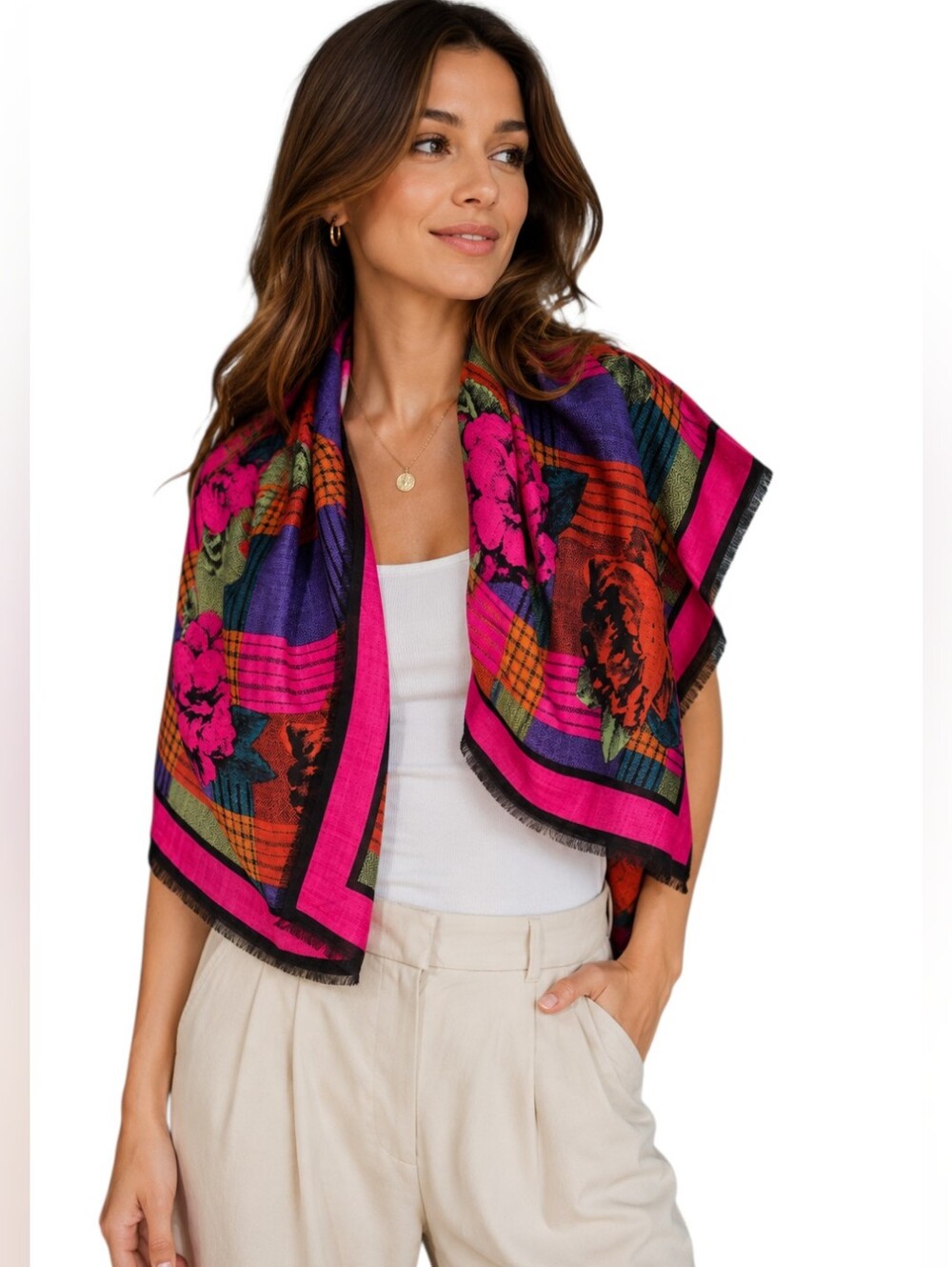AXCESS 100% Wool Floral Plaid Scarf – Made in Japan. Pink Multi
